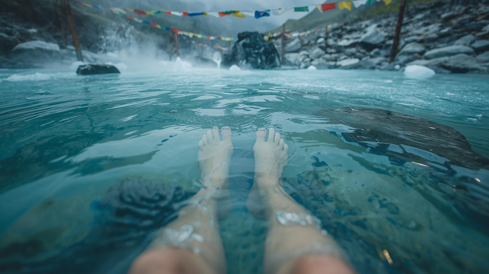 A first-person view of feet submerged in a clear, freezing glacial pool near Muktinath, Nepal, representing the visceral shock and clarity of facing discomfort.