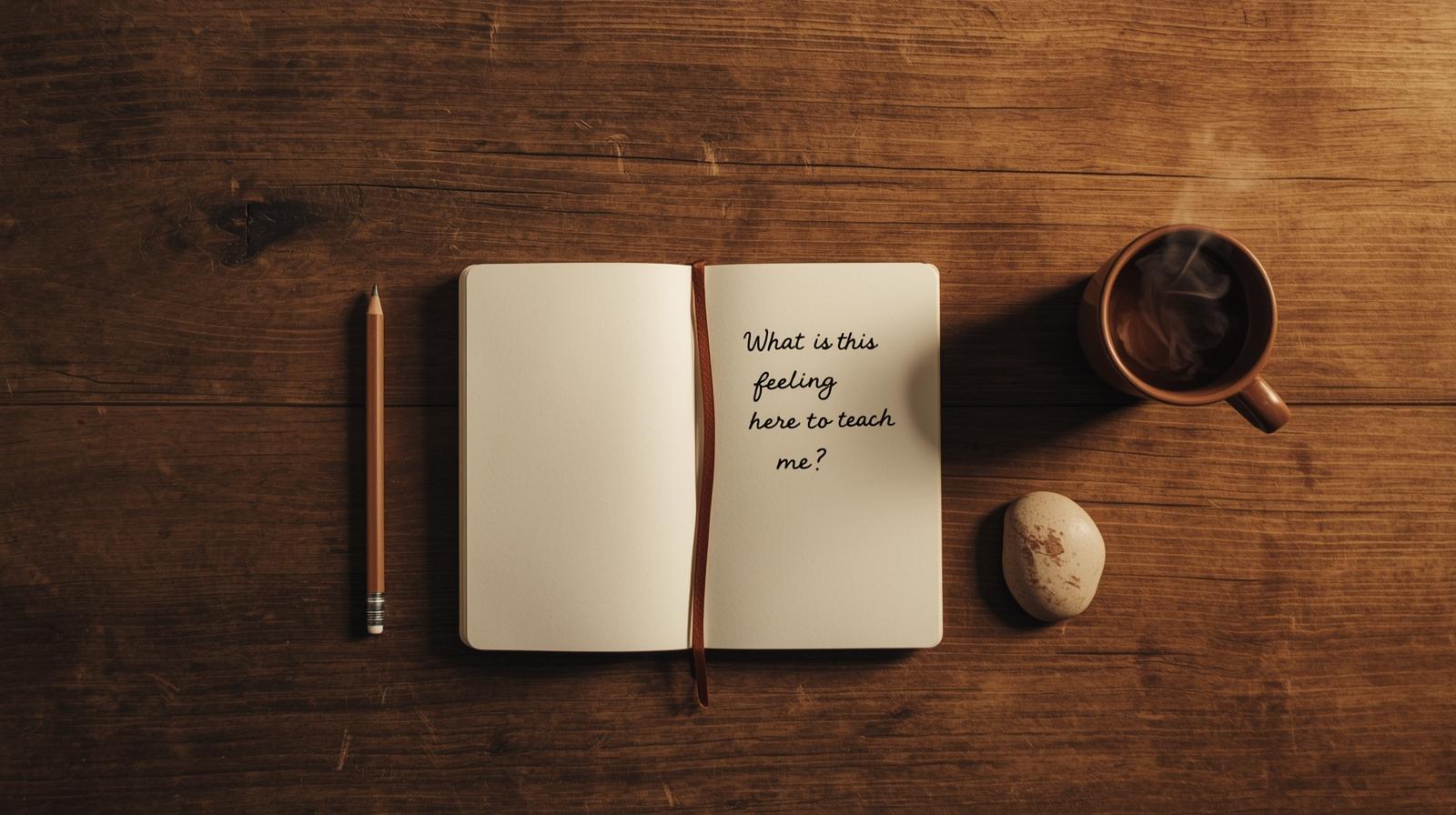 A minimalist flat-lay of an open journal, a pencil, a cup of tea, and a stone, representing the simple tools for mindful self-inquiry and embracing discomfort.