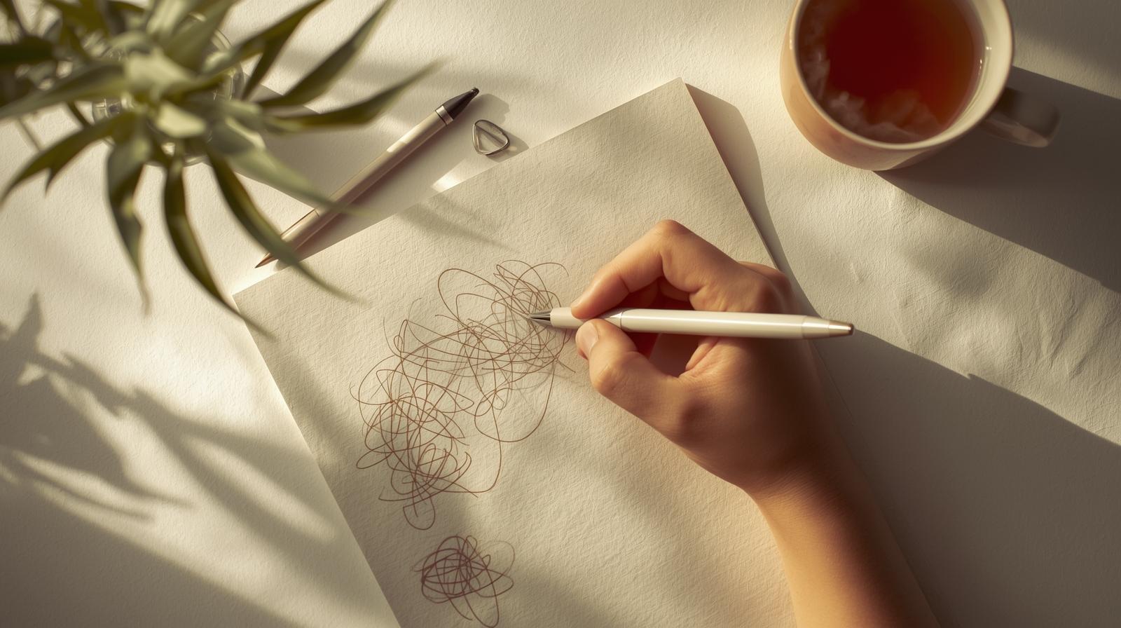 A person practicing non-dominant hand journaling for inner child healing, showing a hand writing childlike scribbles to access emotional truth.